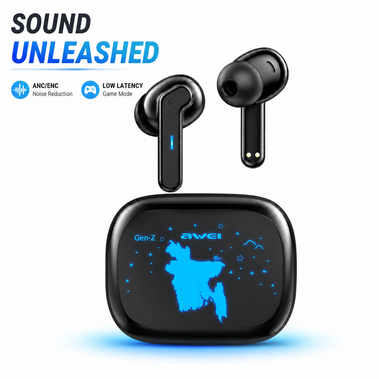 Awei T53 ANC ট্রু ওয়্যারলেস ইয়ারবাডস, RGB লাইট ও 30 ঘণ্টা ব্যাটারি