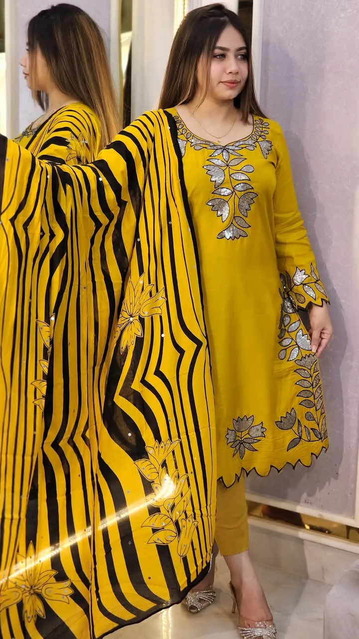 Linen Sequin Embroidery Three Piece with Cotton Orna, 38 to 44