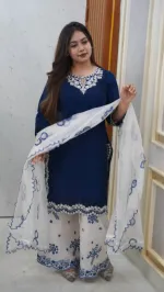 Blue White Design Cotton Garara Dress with Embroidered Georgette Orna