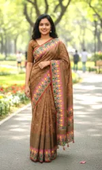 Screen Print Silk Saree with Tassels and Running Blouse Piece