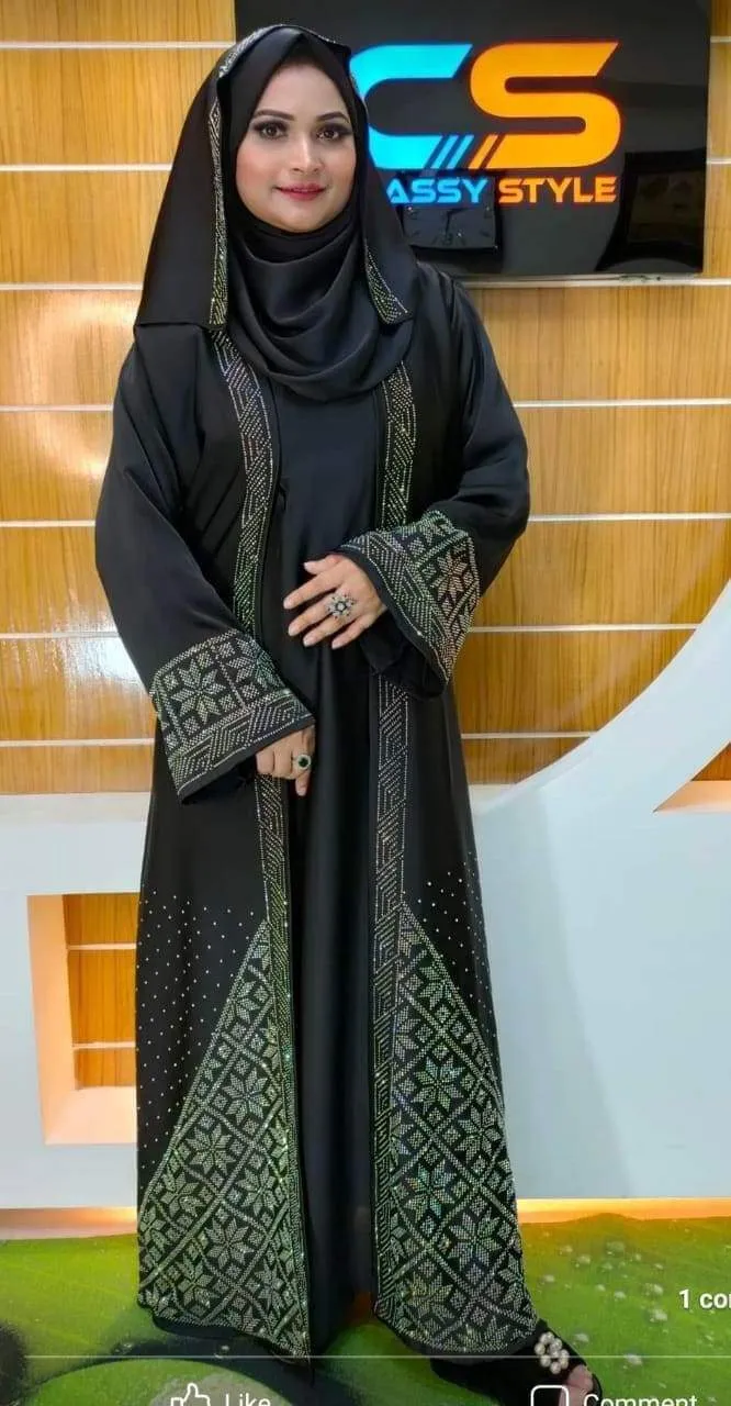 Cherry Fabric Koti Borka Full Set with Stone Work and Hijab