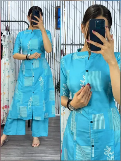 মেয়েদের বাটন ফ্রন্ট কটন কুর্তি ও প্যান্ট সেট