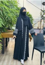 Women's Embroidered Abaya with Inner, Koti and Hijab, 3 Colours