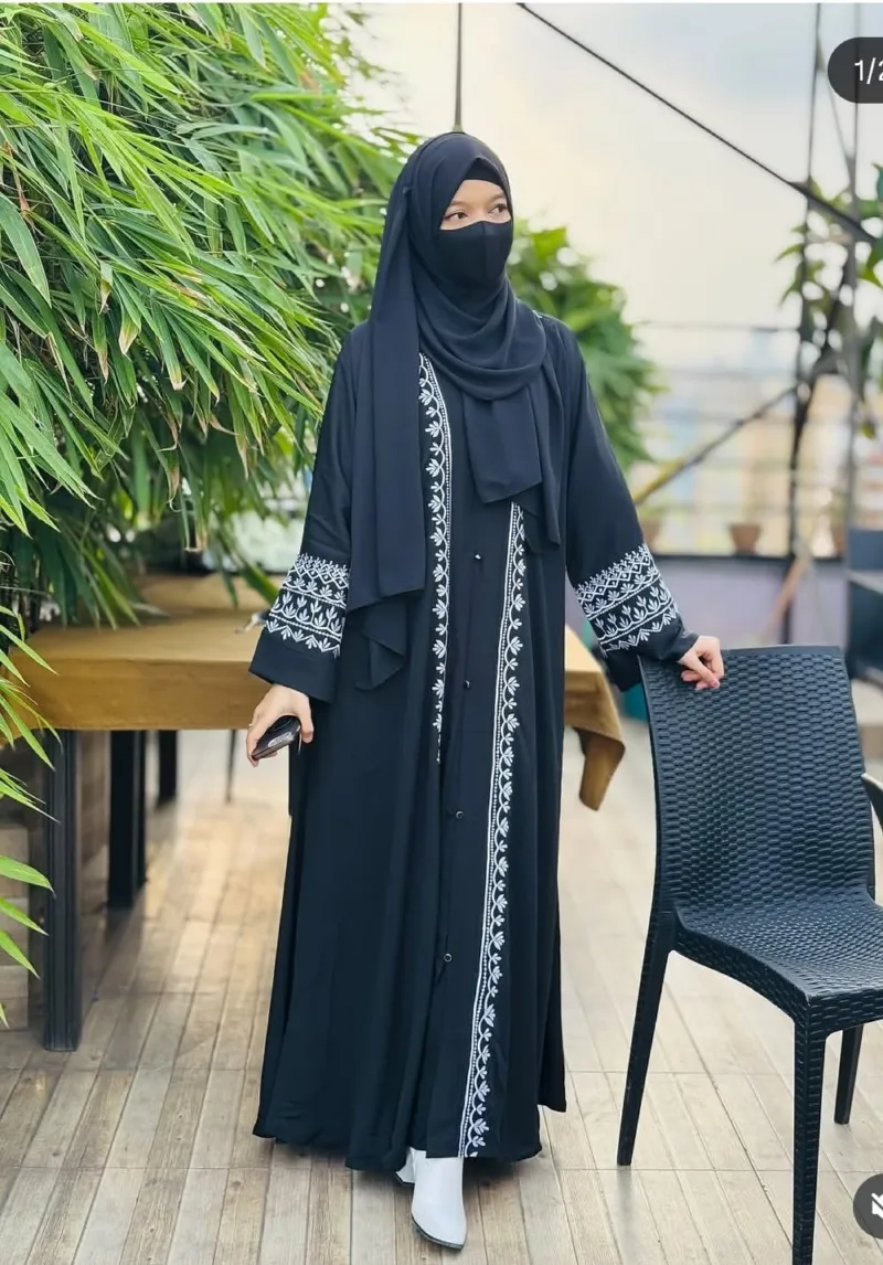 Women's Embroidered Abaya with Inner, Koti and Hijab, 3 Colours
