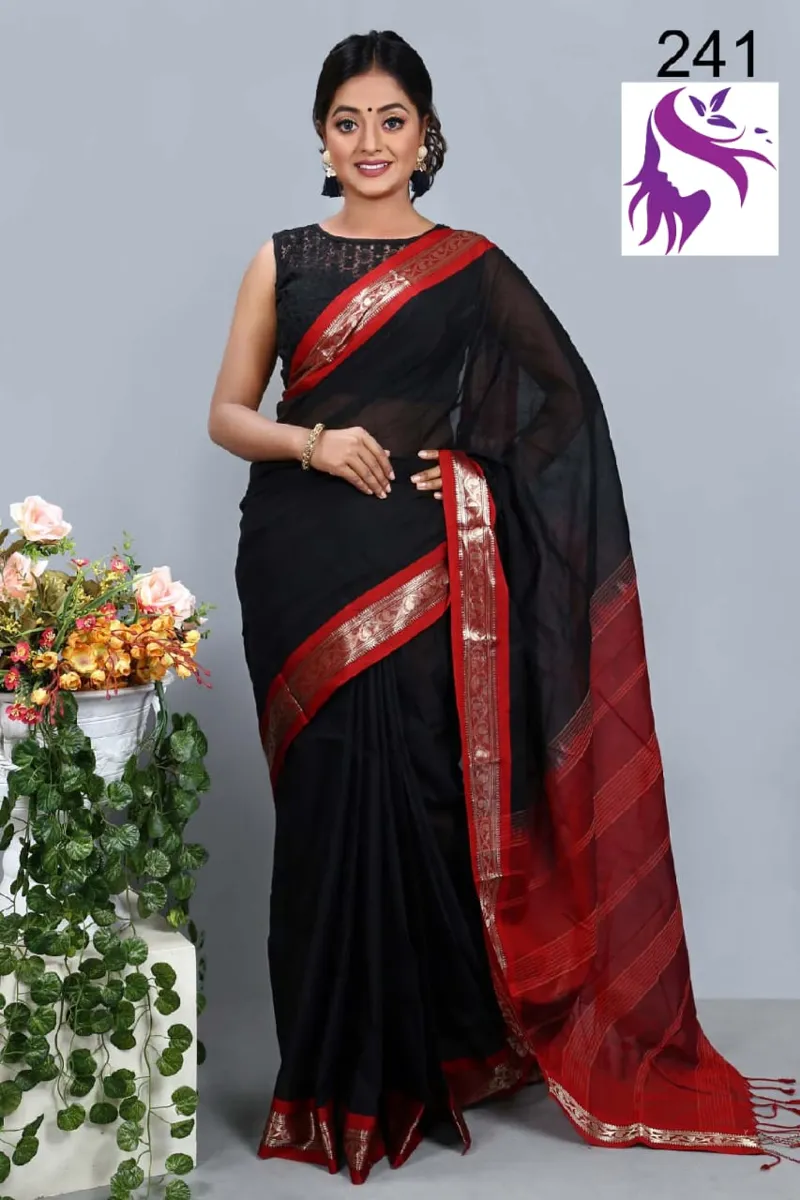 Maslice Pure Cotton Saree with Zari Border and Anchal