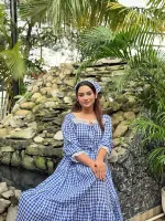 Women's Cotton Check Print Gown Kurti with Lace and Belt