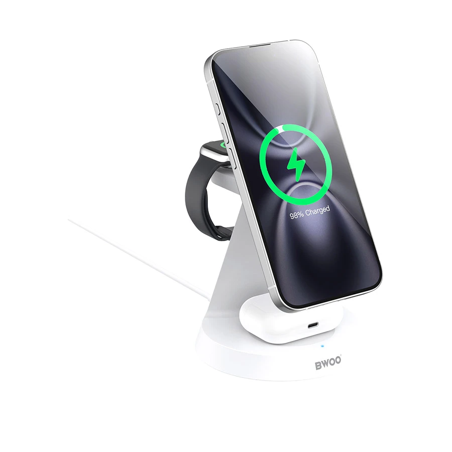 Bwoo BO-WL23 15W 3 in 1 MagSafe Qi Wireless Charger, White