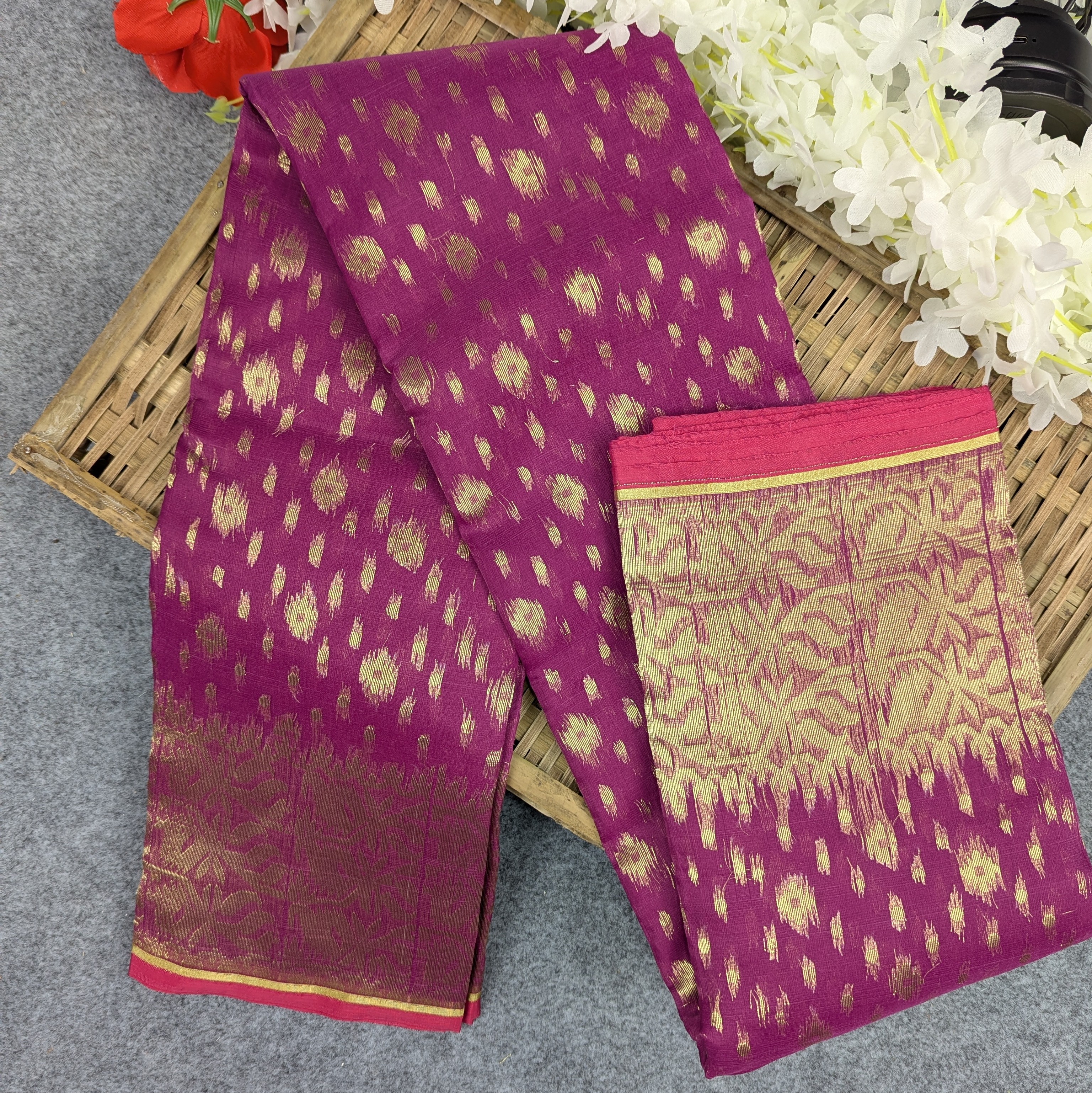 হাফ সিল্ক জামদানি শাড়ি কম্বো সেট - বেগুনি (Purple)