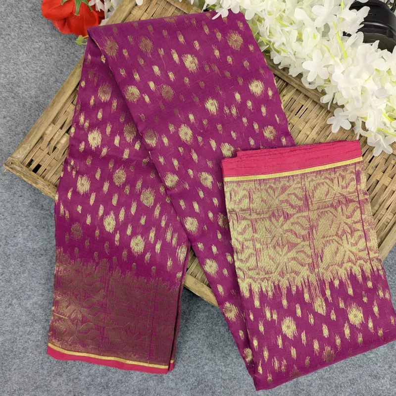 হাফ সিল্ক জামদানি শাড়ি কম্বো সেট - বেগুনি (Purple)