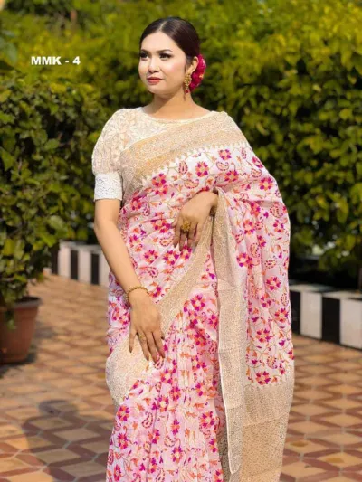Half Silk Screen Print Saree, 12 Haath, Single Colour