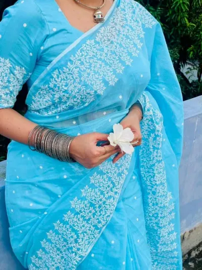 ব্লাউজ পিস ছাড়া হাফ সিল্ক ব্লক প্রিন্ট শাড়ি, 6 রং