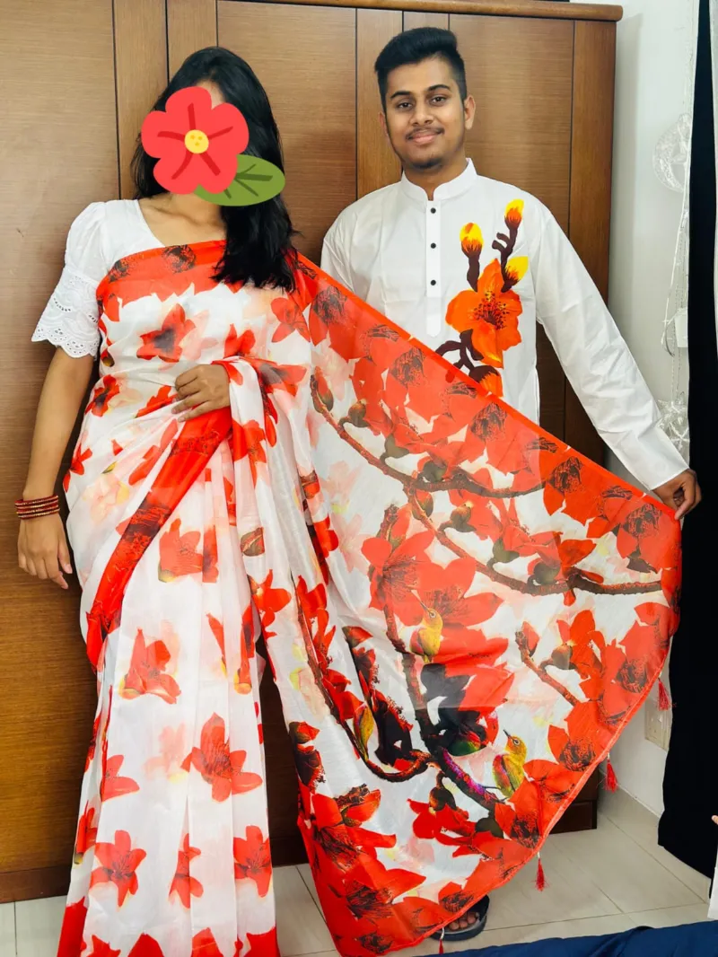 Couple Set, Chanderi Silk Saree and Dhupian Silk Panjabi, Hand Print