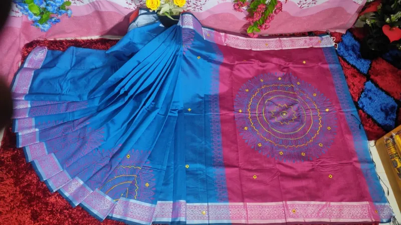Women's 13 Haath Dhupian Silk Saree with Embroidery and Block Print