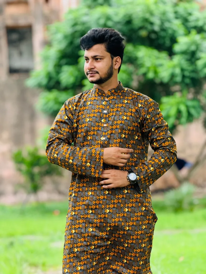 Men's Snap Button Cotton Print Panjabi, Sizes 40 to 44