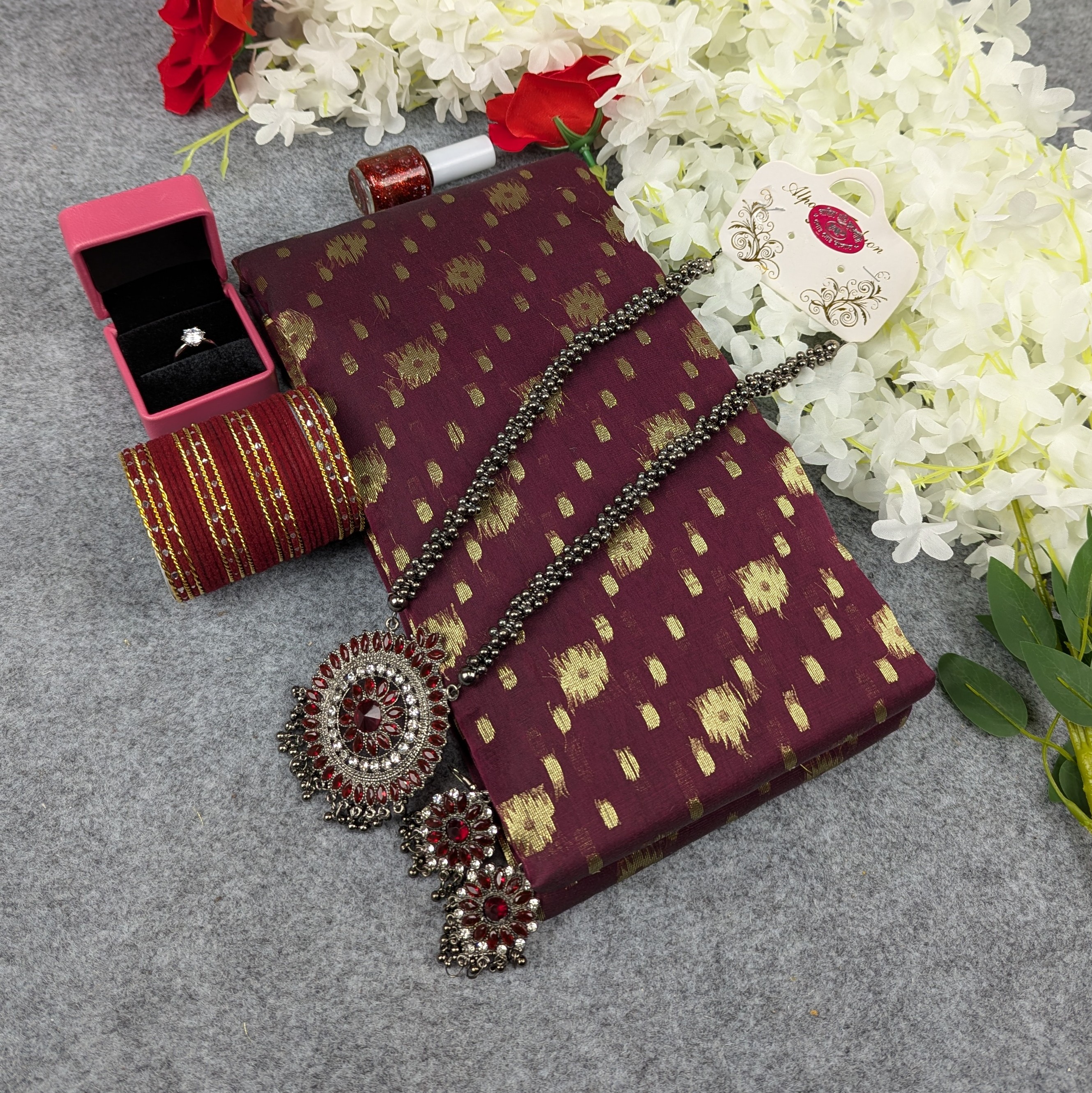 হাফ সিল্ক জামদানি শাড়ি কম্বো সেট - মেরুন