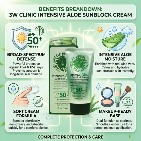 3W Clinic Intensive Aloe Sunblock Cream SPF50+ PA+++ 70ml (Korea)