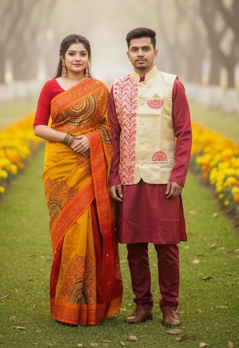Nakshi Tangail Saree and Koti Panjabi Couple Set, 6 Colours