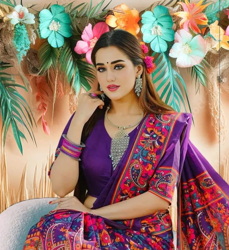 Digital Print Parsha Saree with Blouse Piece, 4 Colours