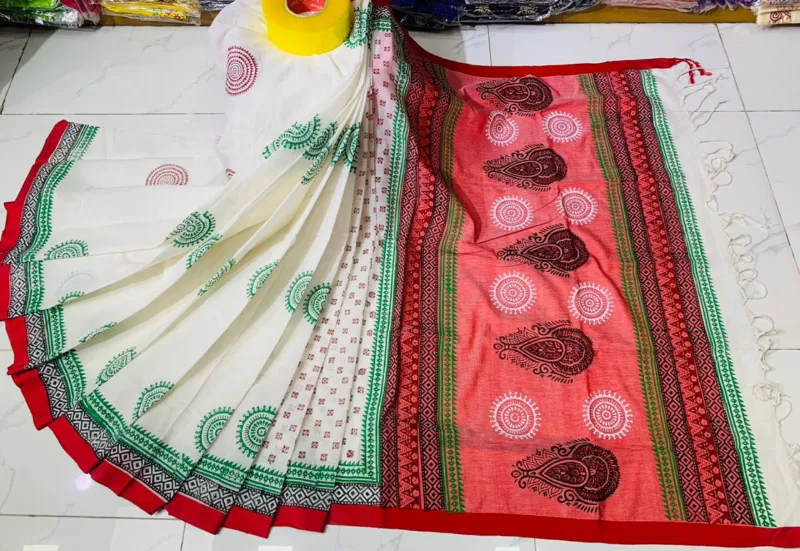 মহিলাদের ব্লক প্রিন্ট কটন শাড়ি, 14 হাত, 6টি রং