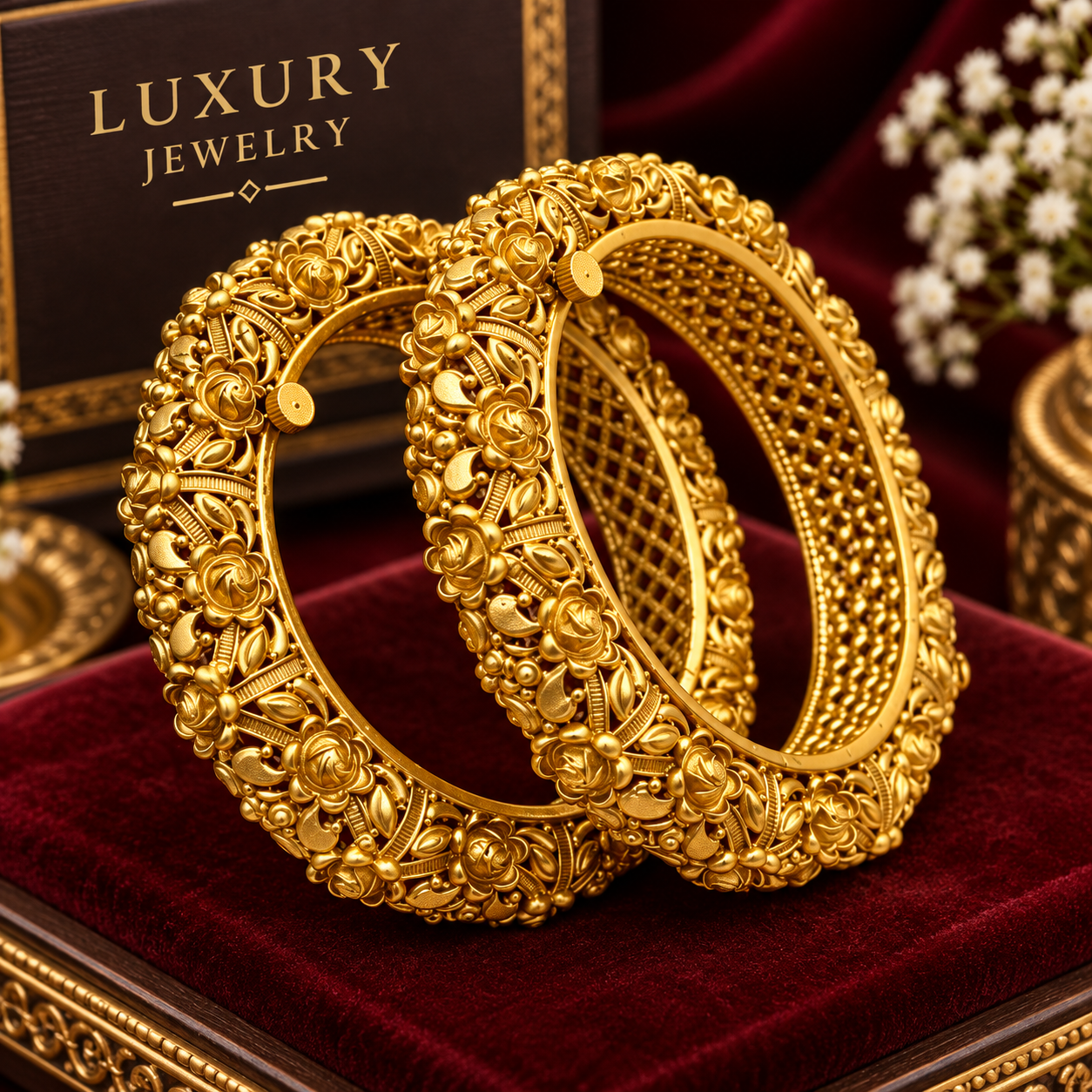 Royal Embossed Floral Gold-Plated Bangle Set