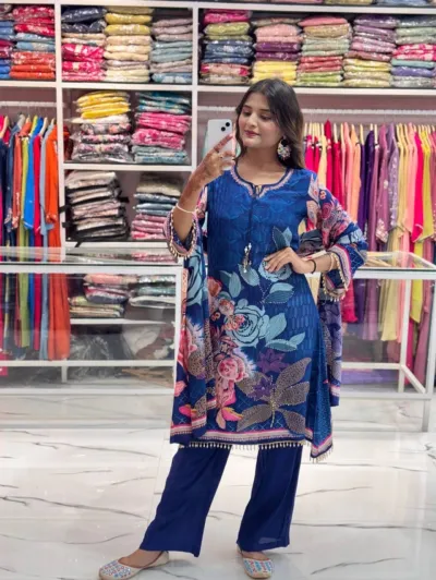 ডিজিটাল প্রিন্ট গাউন থ্রি পিস, কারচুপি ও জর্জেট ওড়না