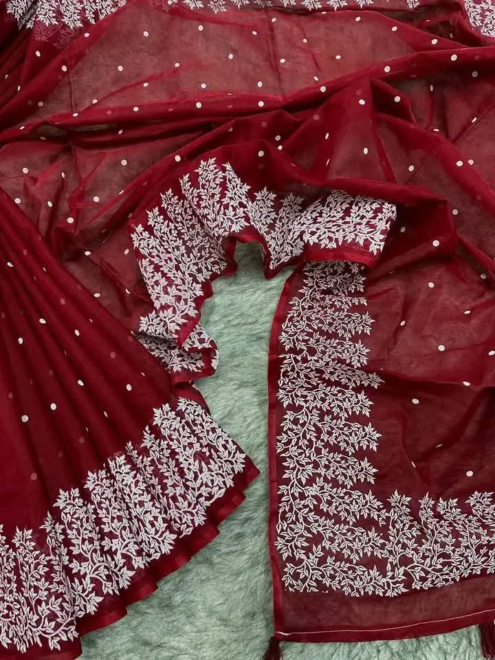 Half Silk Saree with Block and Screen Print, 4 Colour Choices