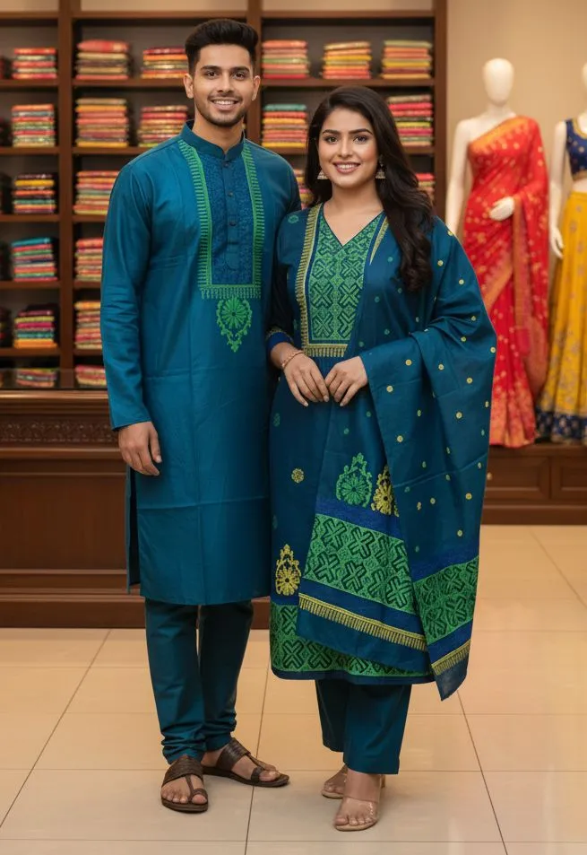 হ্যান্ড প্রিন্ট কাপল ড্রেস, ভয়েল থ্রি পিস ও সিল্ক পাঞ্জাবি