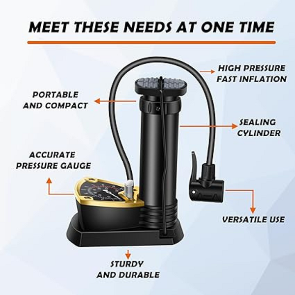 Inchant Mini Bicycle Foot Pump উইথ সেনসিটিভ প্রেসার গেজ 140PSI,অ্যালুমিনিয়াম আলোয় বিকে ফুট পাম্প