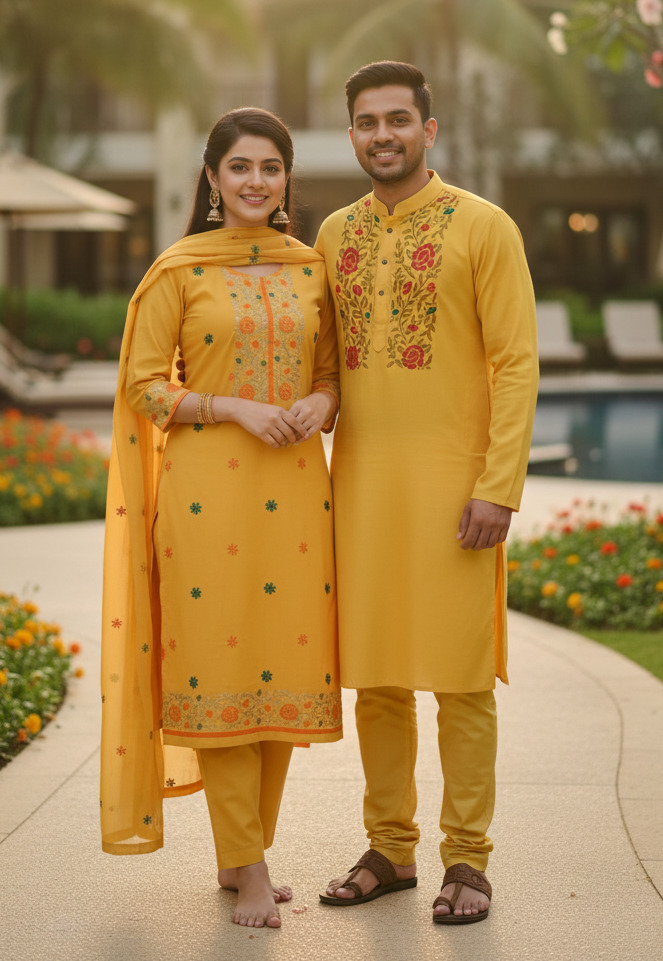 Couple Full Sleeve Three Piece and Hand Print Silk Panjabi