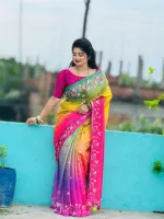 Soft Silk Saree with Colour Gradient and Floral Work, Blouse Piece