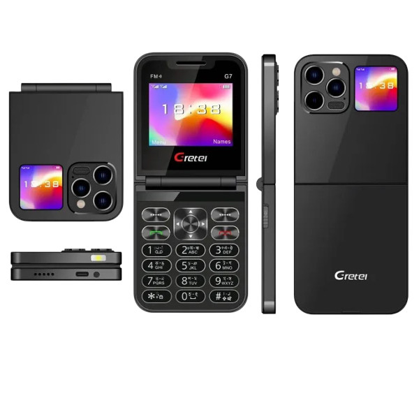 Gretel G7 ফ্লিপ ফোল্ডিং ফোন, ডুয়াল ডিসপ্লে (কালো)