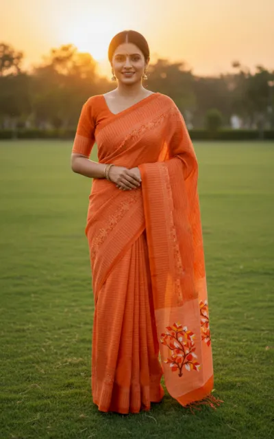 রানিং ব্লাউজসহ সুতির স্ক্রিন প্রিন্ট শাড়ি, 12.5 হাত