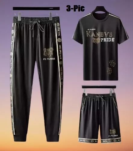 Men's Printed Half Sleeve T-Shirt, Full Pant and Half Pant Set