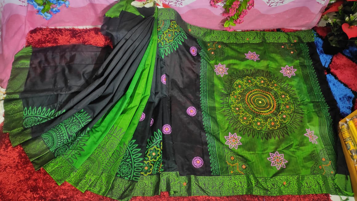 Women's 13 Haath Dhupian Silk Saree with Embroidery and Block Print