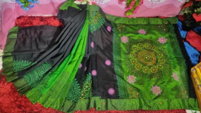 Women's 13 Haath Dhupian Silk Saree with Embroidery and Block Print