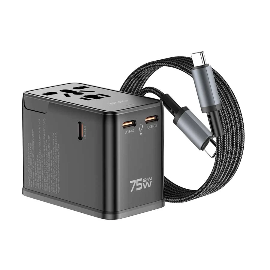 WiWU Universal Plug 75W GaN Travel Charger with AC Outlet, Black