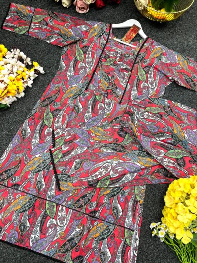 Cotton Digital Print Two Piece with Lace Work, 6 Colours