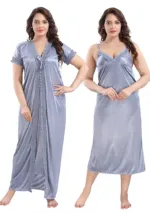 Satin 2 Part Nightie with Smocking Work, Gown and Inner Top
