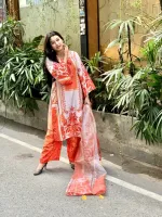 Women's Silk Digital Print Three Piece with Soft Cotton Orna