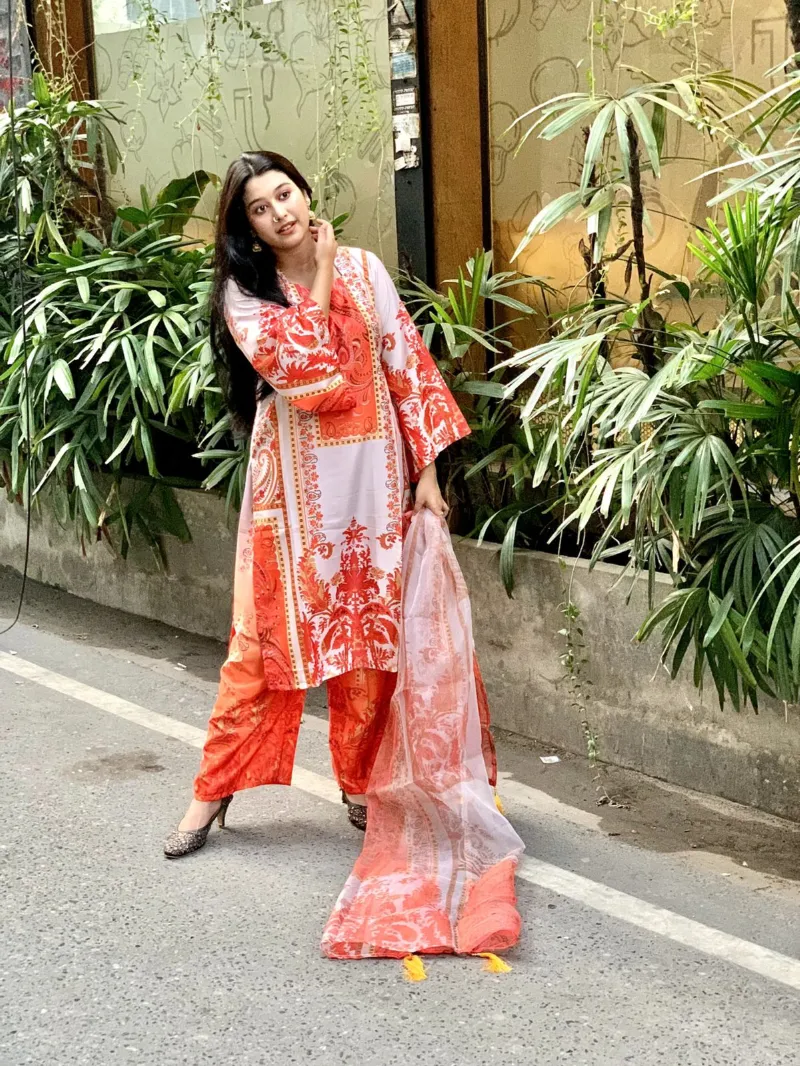 Women's Silk Digital Print Three Piece with Soft Cotton Orna