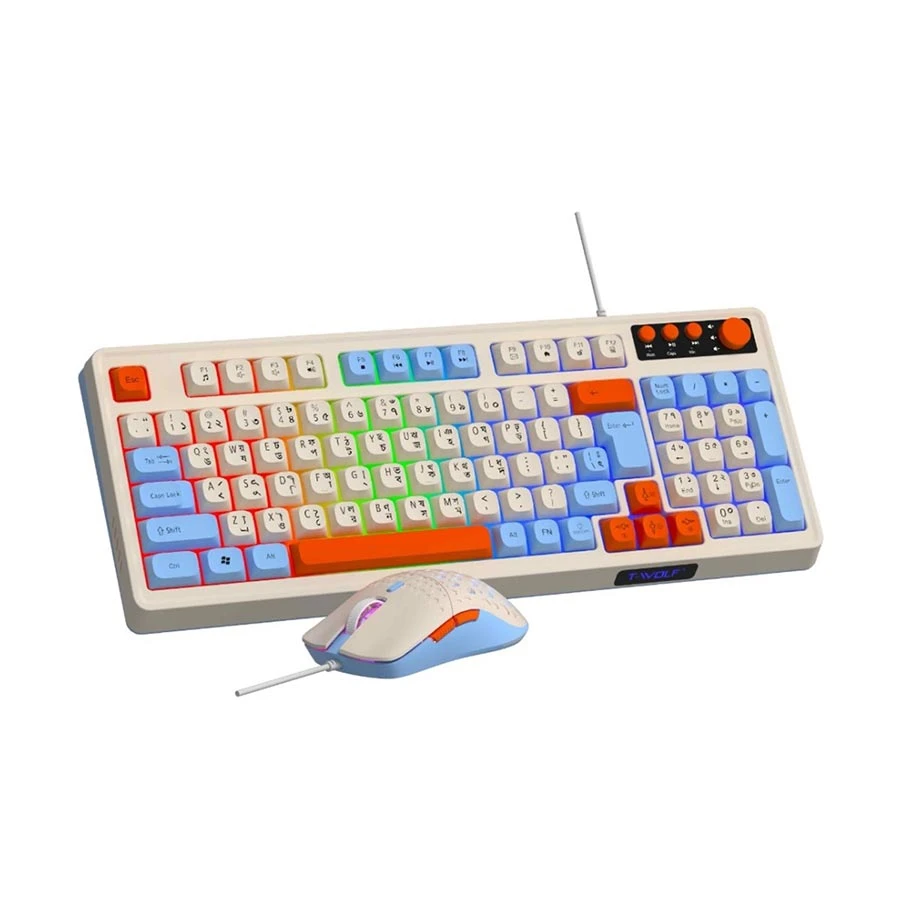 T-Wolf TF100 White Wired Gaming Keyboard & Mouse Combo with Bangla