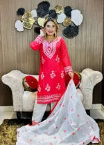 চিকনকারি নেকলেস এমব্রয়ডারি কটন থ্রি পিস, রেয়ন সিল্ক ওড়না