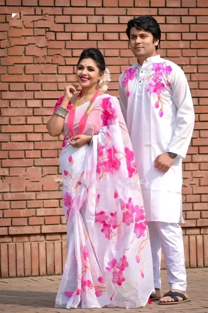 Half Silk Saree with Hand Print Dhupian Silk Panjabi, Couple Set