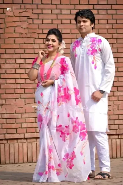 Half Silk Saree with Hand Print Dhupian Silk Panjabi, Couple Set