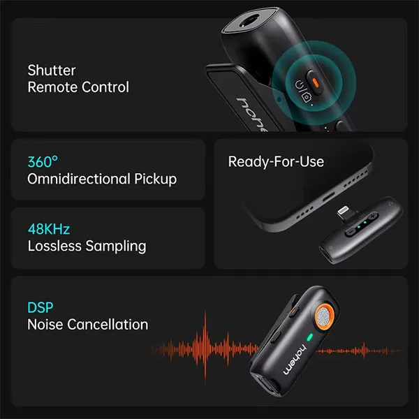 Hohem MIC-01 ওয়্যারলেস মাইক্রোফোন (2TX+1RX+চার্জিং কেস), Android-এর জন্য