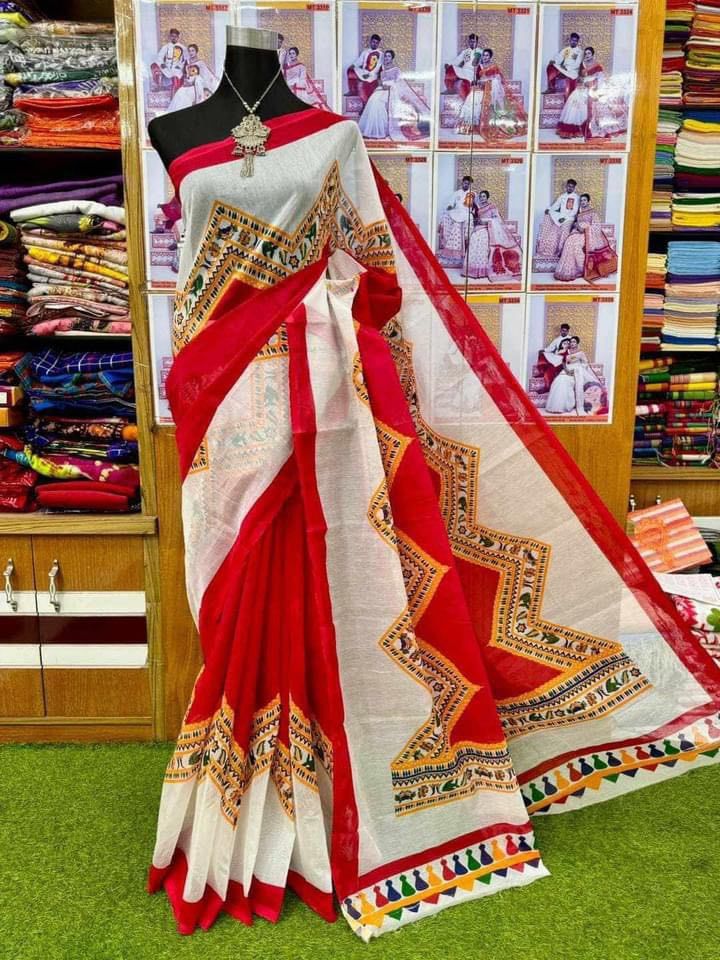Half Silk Saree with Screen Printed Design, 6 Colour Choices