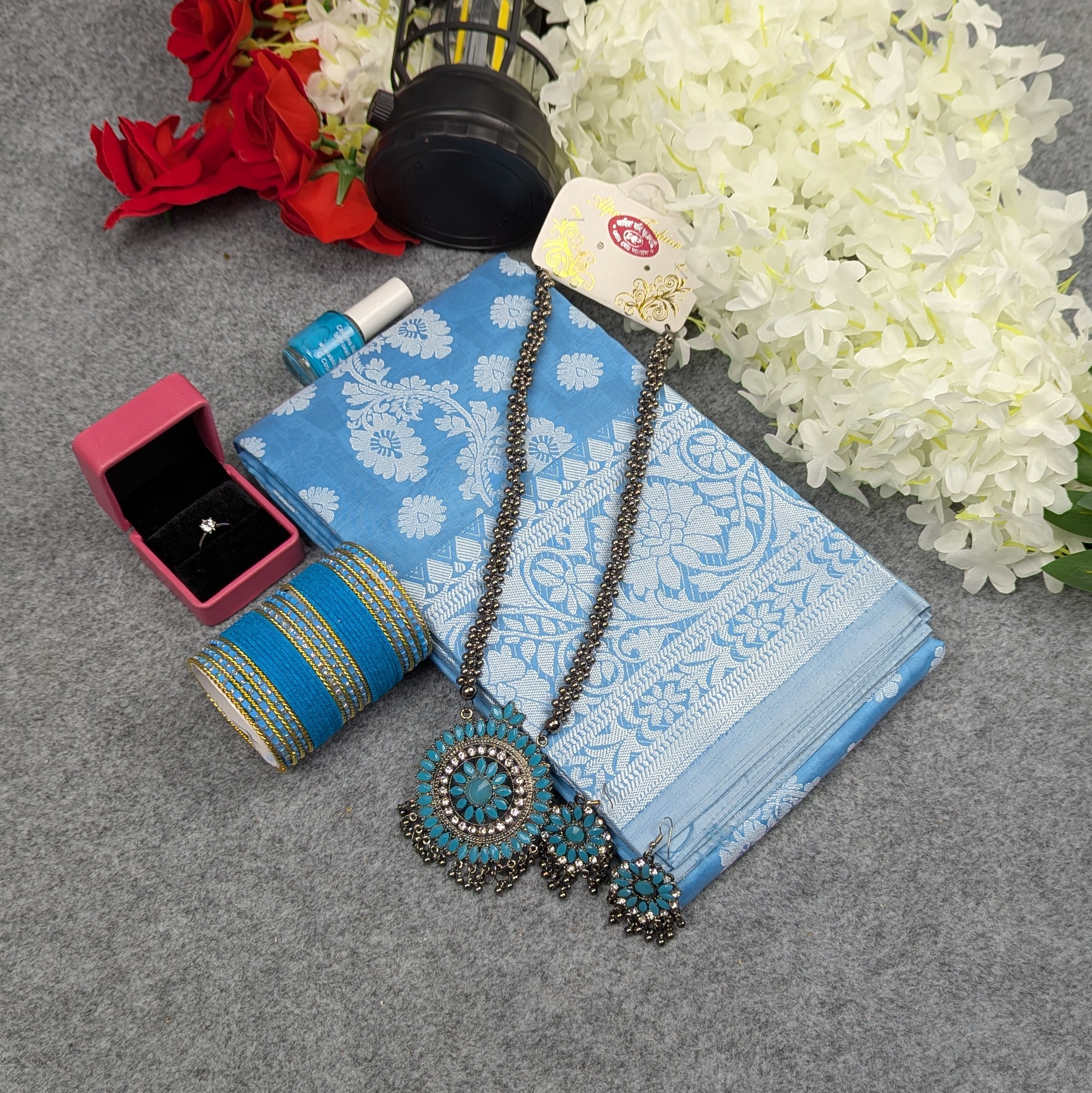 সিল্ক কাতান শাড়ি কম্বো সেট - আকাশি (Sky Blue)