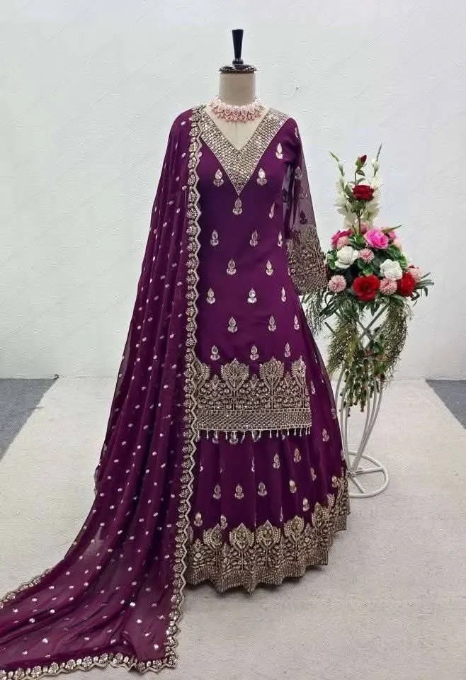 Soft Georgette Eid Party Three Piece with Sequin Work, 45 Inch Long