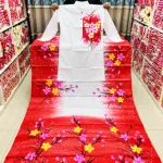 হ্যান্ড পেইন্টেড কাপল সেট DH-102 – লাল-সাদা হাফ সিল্ক শাড়ি ও ডুপিয়ন সিল্ক পাঞ্জাবি