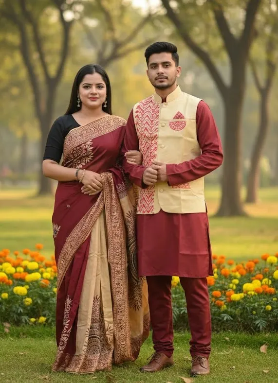 Winter Couple Set, Tangail Saree with Koti and Panjabi